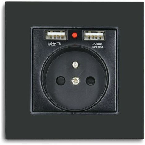 prise murale avec 2xUSB,16amp Prise simple de courant alternatif Panneau en verre cristal prise murale Noir,prise 250V avec USB(max.2,1A),convient à la smartphone,à la tablette et au MP3（1 pcs） (1/5)
