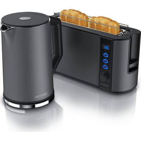 Arendo Frühstücks-Set, 1,5L Edelstahl Wasserkocher & 2-Scheiben Langschlitz Toaster, Grau (1/5)