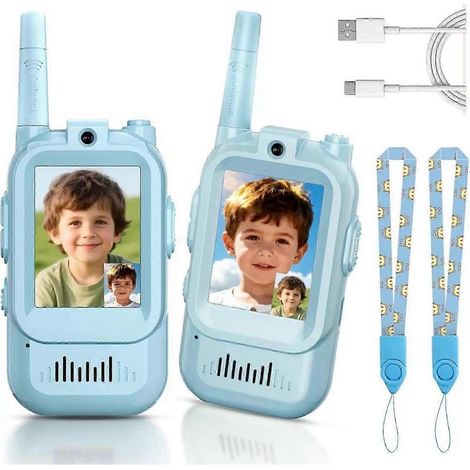 (Lot de 2 bleus) Talkies-walkies vidéo pour enfants, interphones vidéo portables rechargeables, jouets d'intérieur et d'extérieur pour jeux en famille (1/5)