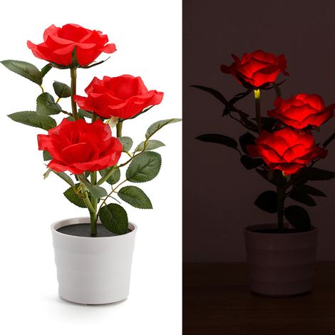 Lot de 3 lampes LED roses rouges solaires pour jardin, fausses fleurs lumineuses en pot (1/3)