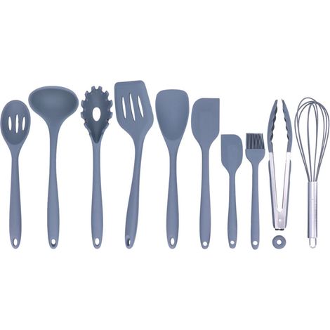 Juego de 10 utensilios de cocina de silicona: espátula antiadherente, cuchara, batidor de huevos, brocha (gris) -Crezuo (1/4)