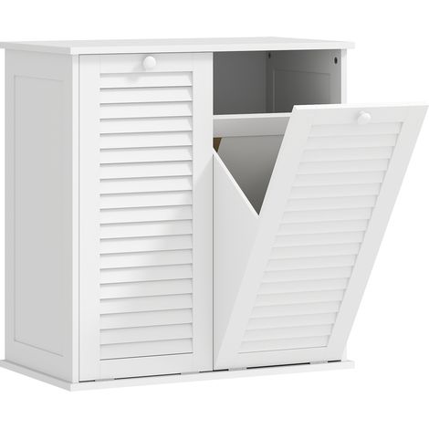 Meuble salle bain avec 2 paniers linge, armoire portes à lattes blanc (1/5)