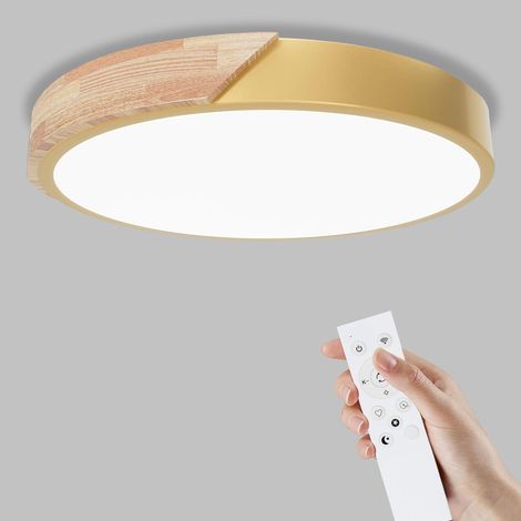 Yexati Plafonnier Bois,Plafond Dimmable 6000K/4000K/3000K 3200LM,Plafonnier Led Télécommandé,32W IP54 Luminaire Moderne Pour Le Salon, La Chambre et Le Couloir, 30CM, Doré (1/5)