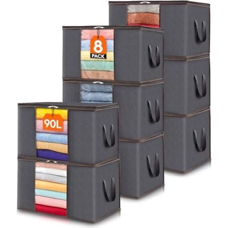 Sac de Rangement Pliable 90 L Gris – Boîte à Vêtements avec Poignées Renforcées pour Couettes, Couvertures et Déménagement – Lot de 8 (1/5)