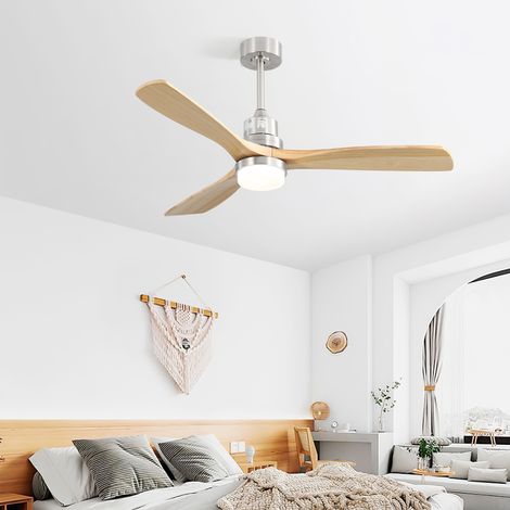 Ventilador de techo de 132 cm (52") con luz LED regulable - 3 aspas de madera maciza - Control remoto de 6 niveles - Amarillo (1/5)