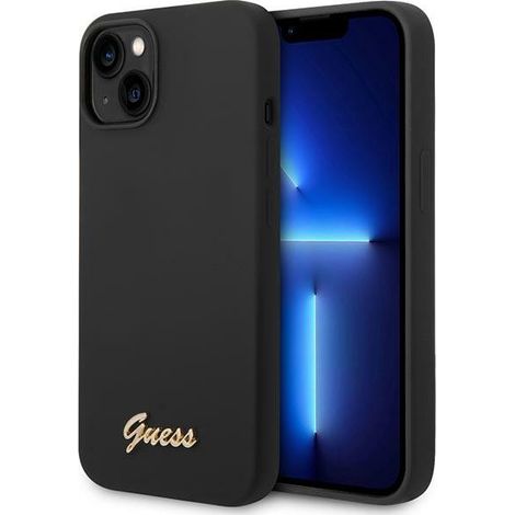 Funda rígida Guess GUHCP14MSLSMK para iPhone 14 Plus / 15 Plus de 6,7 pulgadas, color negro/negro, de silicona con logo dorado vintage. (1/5)