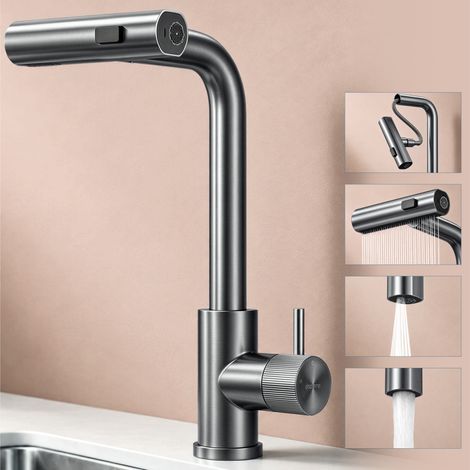 doporro Wasserfall Wasserhahn Küche Hochdruck mit 3 Strahlarten und Einhebel-Mischbatterie, ausziehbare Spültischarmatur aus 304 Edelstahl, 360° schwenkbar, rostfrei, Grau,Turnix-02 (1/5)