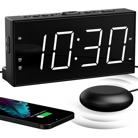 Réveil à Vibration Avec Agitateur de Lit, Écran LED 7'' Pour Sourds, Malentendants, Gros Dormeurs - Double Alarme, Snooze, Charge USB, DST 12/24H (1/5)