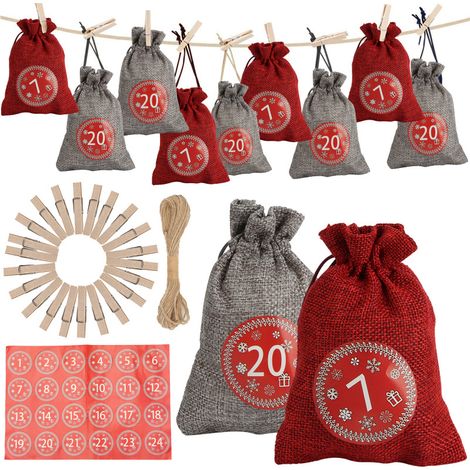Randaco 24 Calendrier de l'Avent-Sac en Tissu,24 Numérique Autocollants,DIY Noël Cadeaux Sacs à,Pendentifs de décorations Sacs, Rangement de Petits Objets Sac,rouge/gris (1/5)