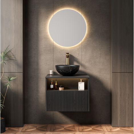 Mueble lavabo suspendido 60x46x60,8 cm cerámica negra, LED sensor y almacenaje – MEUBLIV (1/5)