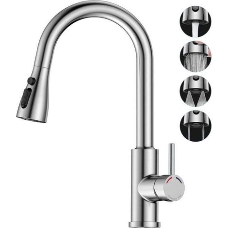 Robinet Cuisine avec Douchette Extensible Mitigeur - PRO Rabattable Mitigeur Robinet Evier de Cuisine avec 4 Douchette Modes, 360° d'É