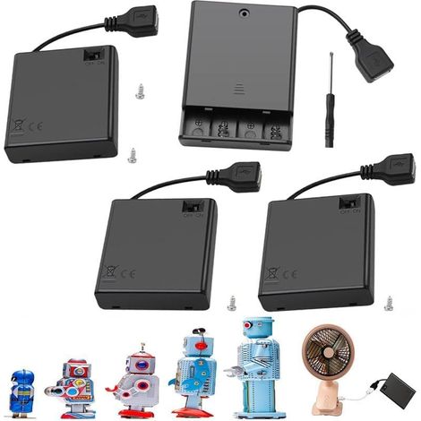 Lot de 4 supports de batterie AA de 1,5 V avec interrupteur et couvercle, support de batterie en plastique 6 V avec prise USB et interrupteur marche/arrêt, organiseur de batterie avec tournevis et vis (1/5)