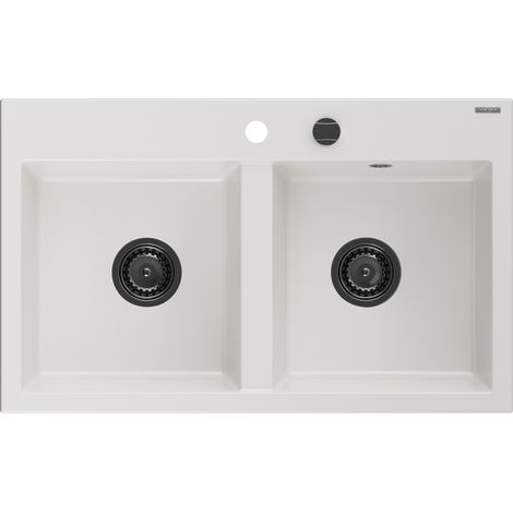 Mexen Hektor évier en granit 2 bacs 800 x 480 mm, blanc, siphon noir - 6521802000-20-B (1/5)