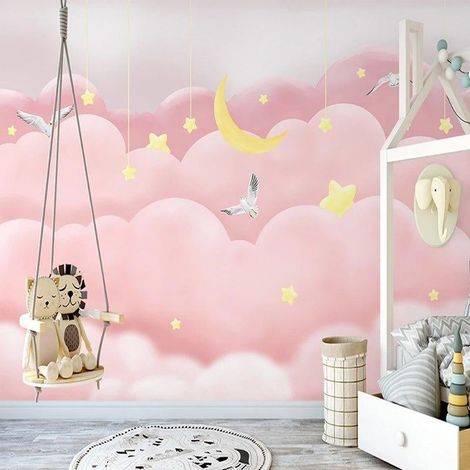 Papier peint enfant nuages roses et etoiles suspendues 1 - 150 x 250 cm (1/2)
