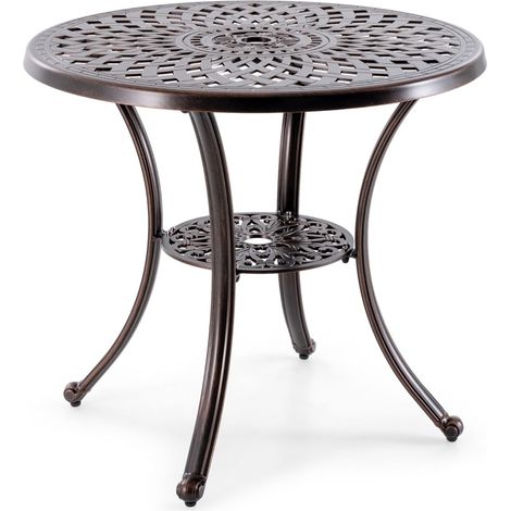 Table de jardin ronde 79 x 71 cm avec trou pour parasol et repose-pieds réglables style élégant en fonte d'aluminium cuivre rouge
