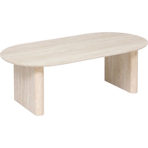 Atmosphera – Table basse fixe ovale 120x60x40 cm – MDF E1 effet travertin – Pieds en U stables – Finition mate texturée beige clair