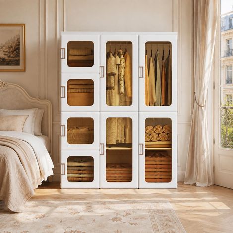 Modularer Aufbewahrungsschrank, faltbarer mobiler Kleiderschrank 136 × 104 × 50 cm ohne Montage, PP-/PET-Kunststoff, 12 Fächer, 8 Türen, 2 Kleiderstangen, Weiß (1/5)
