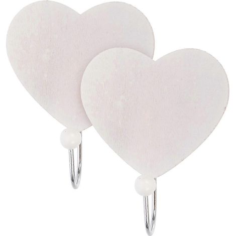 Deux crochets muraux en bois blanc en forme de cœur, avec des trous, parfaits pour ranger des objets comme des clés et des foulards. (1/4)
