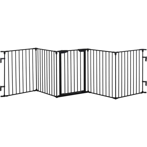 2 in 1 Welpenauslauf 5-TLG Klappbar Absperrgitter mit Tür für kleine und mittelgroße Hunde, DIY Welpenlaufstall 300 x 74,5 cm Metall Schwarz