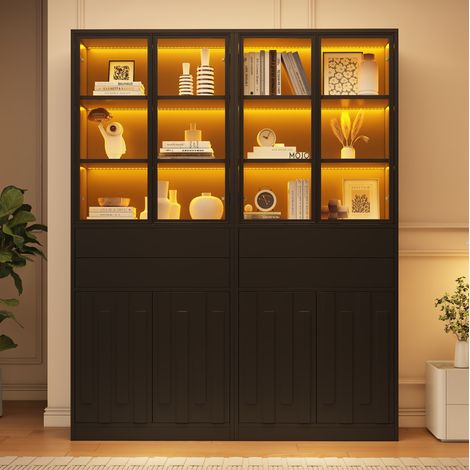 2er-Set Vitrinenschränke 140x34x180 cm aus Spanplatten, Schwarz, mit LED – MEUBLIV (1/5)