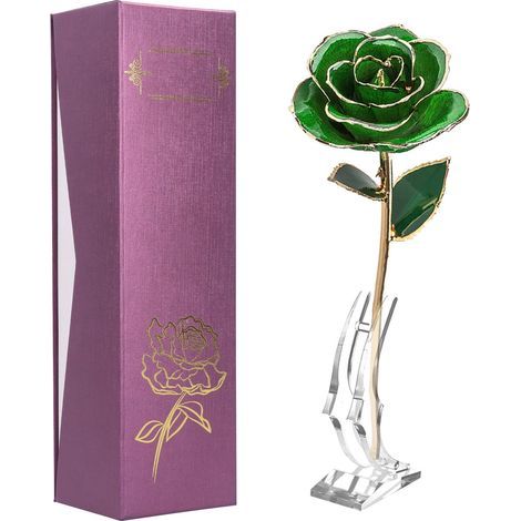 Fleur Artificielle Éternelle Rose 24K avec Feuille et Support Décoratif Artisanal (1/5)