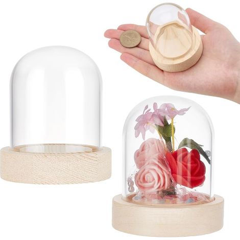 2 ensembles Dôme D'Affichage en Verre avec Base en Bois Massif Vitrine Transparente pour la Saint Valentin Fête des Mères Décorations Florales Artisanat Article Affichage Décoration (1/5)