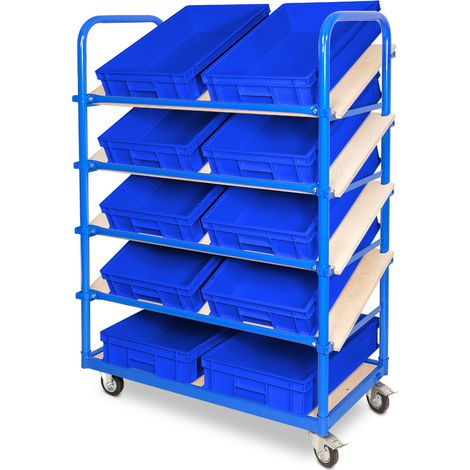 BRB Schrägboden-Regalwagen BxTxH 1050x500x1450 mm, mit 5 Ebenen, 2 Lenk-/2 Bockrollen, bestückt mit 10 Euroboxen BxTxH 600x400x120 mm (blau)