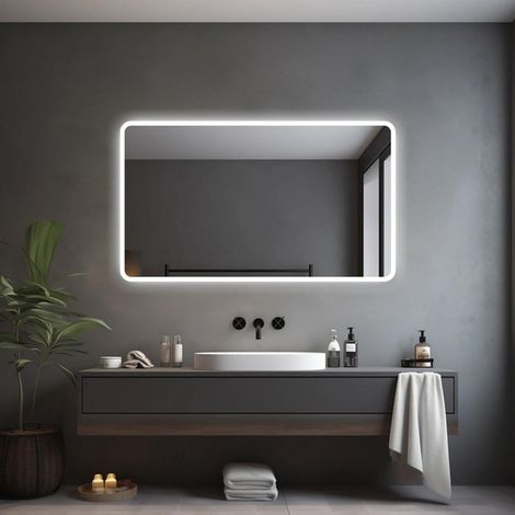 Saniclass Lumen Miroir de salle de bains - 120x70cm - avec coins arrondis - installation horizontale / verticale - éclairage LED indirect - chauffage (1/4)