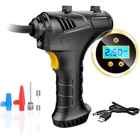 Cordless tire inflator with 12V USB battery, 150 PSI (approx. 10 bar), portable electric digital tire compressor with LED light and 2 nozzle adapters for car, motorcycle and bicycle (1/5)