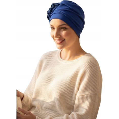 Turbante Dalia para mujer, color azul aciano, elegante y cómodo incluso después de la quimioterapia. (1/5)