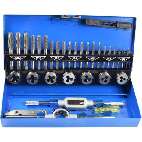 Coffret tarauds et filières 32 PCS HSS Jeu de tarauds et matrices Clés métriques coupées M3-M12 Outil de filetage à la main Taraud en carbure de tungstène (1/4)