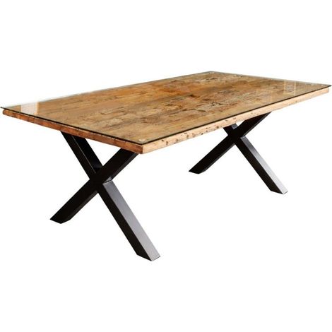 Esstisch RAFTA 180 cm – Tischplatte aus massivem Teakholz und Sicherheitsglas – X-förmige Beine aus schwarzem Metall