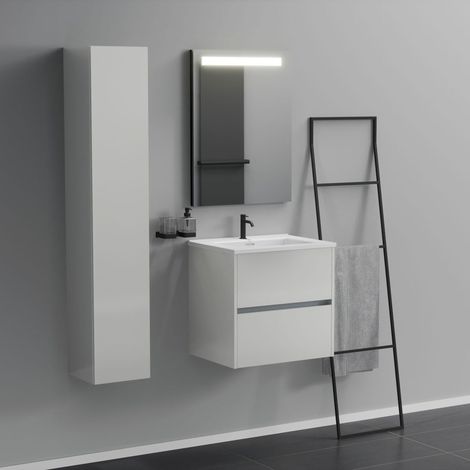 Inda - Badezimmerschrank 2 Schubladen L.60 mit beleuchtetem Spiegelwaschbecken - Glänzendes Weiß