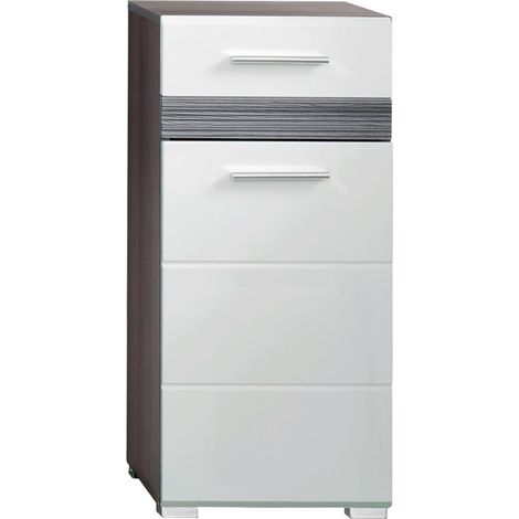 Meuble bas de salle de bain 1 porte 1 tiroir blanc brillant et chêne gris Varok 37cm (1/5)