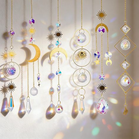 Atrapasueños, 6 piezas de atrapasueños de cristal, colgante atrapasueños arcoíris, atrapasueños de sol, estrella y luna para ventana, hogar, jardín, fiesta, boda. (1/5)
