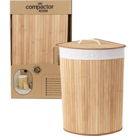 Panier à linge d’angle pliable en bambou - Couvercle amovible - Tissu intérieur écru - Gain de place - Format compact 35 x 35 x H60 cm - Design naturel pour salle de bain (1/4)