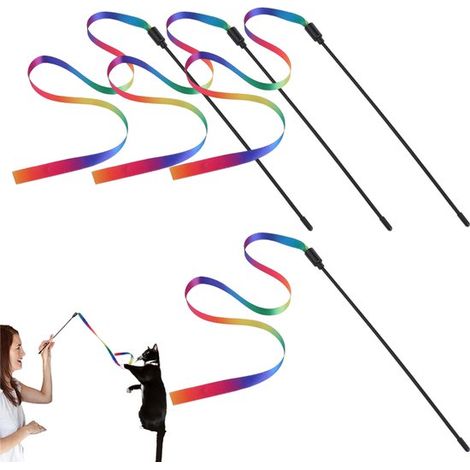 4 pièces - Canne à pêche pour chat - Jouet interactif pour chat - Ruban arc-en-ciel - Tige de 28 cm - Ruban multicolore - Pour chats et chatons d'intérieur (1/5)