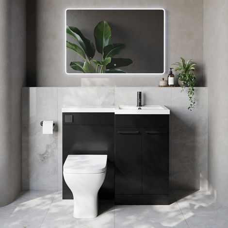 Napoli 390 Matt Black 1000mm 2 Door Vanity Unit Toilet Suite with Right Hand Square Lucia Basin - 1000mm - Matt Black 160mm HandleWith Kingston Toilet Pan and Seat