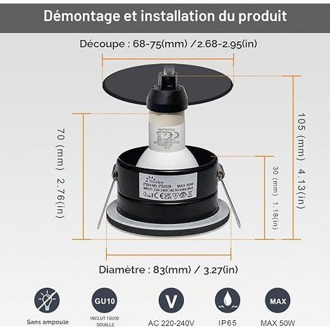 Plafond Spot, Downlight Encastrable Plafonnier, Spots étanche Salle de bain, Pour Salle de bain et Cuisine, Dimensions du trou Ø70mm, Douille GU10 (1/4)