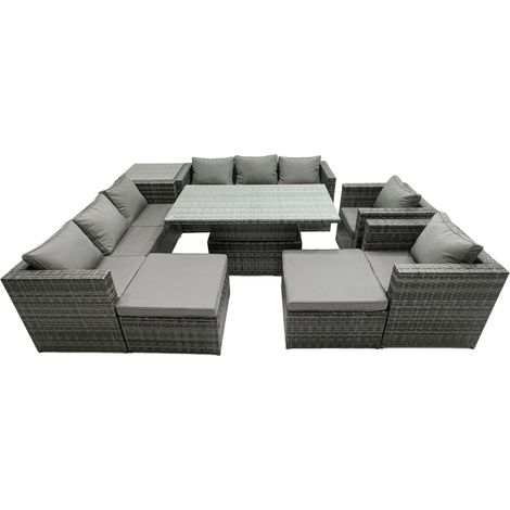 Fimous Rattan Dining Table Sofa Set with Side Table 2 Armchair 2 Stools Outdoor 10 Seat Garden Furniture Set Dark Grey Mixed (1/5)