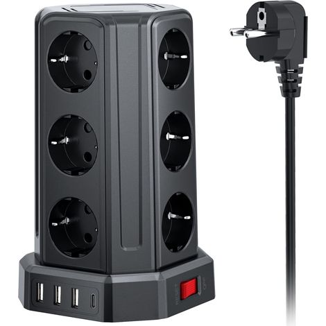 Multiprise avec Interrupteur, 12 AC Sorties 5M Rallonge Electrique  avec 3 Ports USB A et 1USB C, 4000W Tour Multiprise pour Maison Parafoudre et Surtension Bureau (1/5)