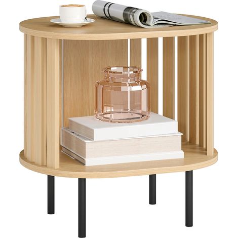 Table d'appoint Ovale Bout de Canapé Rangement Ouvert Pieds en Acier Design à Lattes Effet Bois Naturel 50x39x50 cm (1/5)