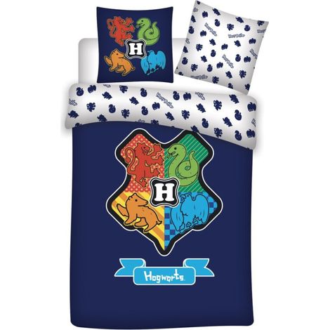 Parure de lit réversible Harry Potter - Blason Hogwarts - Les 4 Maisons Rouge, Vert, Jaune et Bleu - 140 cm x 200 cm (1/2)