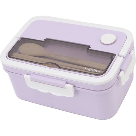 Boîte à lunch de 1500 ml en plastique résistant à la chaleur, de type bento, portable, avec baguettes et cuillère, idéale pour les étudiants. Couleur : violet taro. (1/5)