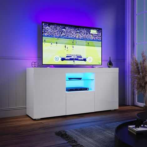 ELEGANT Modern High Gloss TV Stand Cabinet with LED Light Living Room Bedroom Furniture Television Unit TV Cabinet for Media Storage 1350mm White TV cabinet