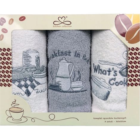 Juego de paños de cocina "Kuchcik" con estampado de desayuno, 30x50 cm, gris j, blanco (1/2)