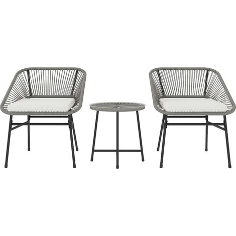 Ensemble de mobilier de jardin 3 pièces, 1 table, 2 chaises, rotin tressé, structure en acier, table basse avec plateau en verre, gris foncé