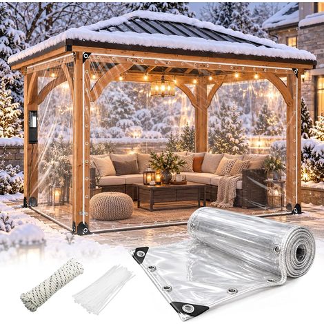 2x6m Bâche Transparente avec œillets, 450 g/m² PVC Bâche Transparente avec 20 Serre-câbles, Corde de Fixation de 10m Exterieur Imperméable pour Terrasse, Balcon, Jardin, Les tonnelles (1/5)