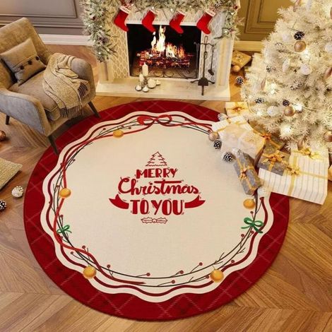Tapis Rond de Noël 60cm, Poils Ras Tapis de Salon de noël Antidérapant Fluffy Shaggy Soft Imprimé de Joyeux noël pour Chambre à Coucher Salon (1/4)