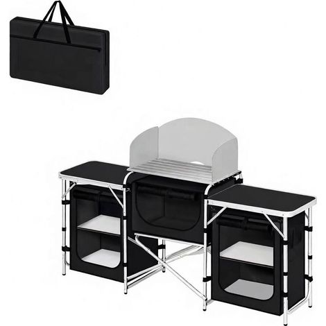 Cocina de camping plegable con estantes y armario de tela 175x40x110 cm negro (1/4)